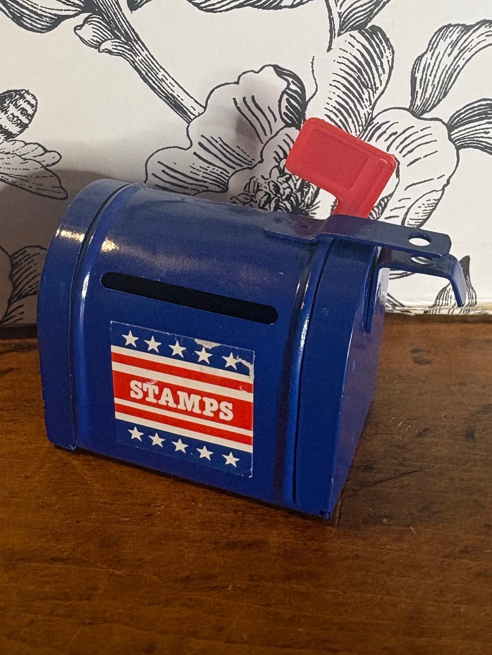Vintage Giftco Inc Mini Metal Mailbox Stamp Dispenser Blue Red Flag USA